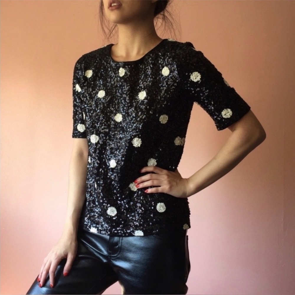 J. Crew black And White Polka Dot Sequin Top. size Small. Excellent Cond…